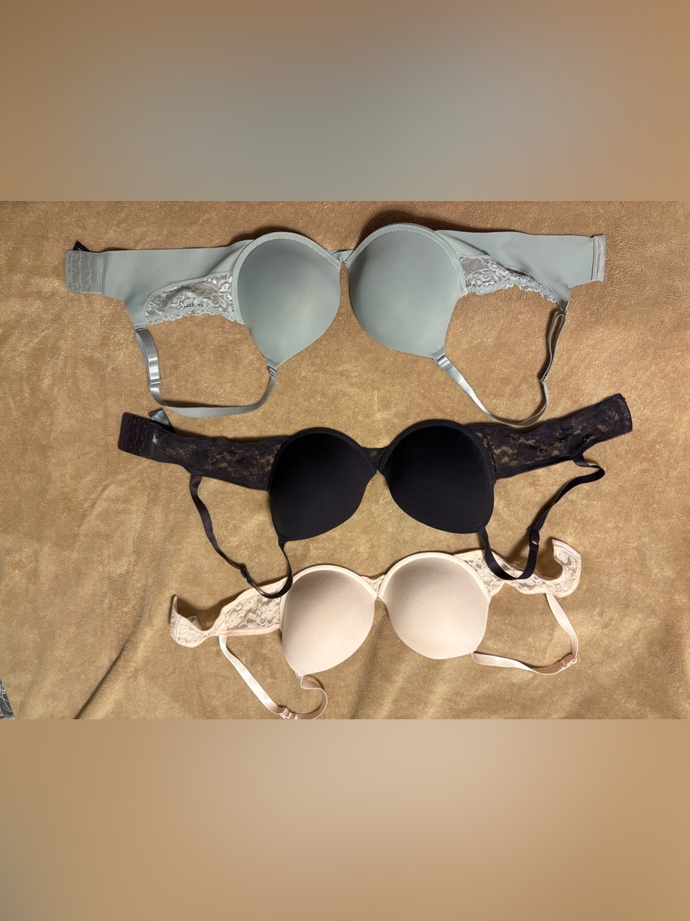 Women’s Lace-Back  Bra - Black, Light Blue, and Nude 38C. Bra bundle